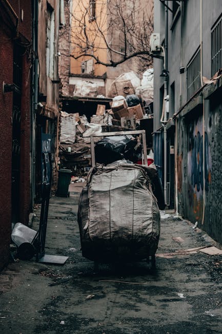A narrow urban back alley filled with accumulated waste and debris, featuring an overflowing collection of black and white garbage bags stacked against a makeshift barrier of cardboard boxes and discarded materials. The ground is uneven with patches of dirt and scattered litter, and the walls on either side display graffiti and weathered surfaces. A large, black wheeled garbage trolley is positioned in the foreground, partially blocking the pathway, with its fabric cover appearing worn and stained. Behind, additional piles of rubbish, including flattened cardboard boxes, plastic bags, and other waste, extend toward the background where a weathered building wall and leafless trees are visible. The scene suggests an area awaiting a professional rubble or waste removal service, such as Waste Collection Islington, emphasizing the need for proper rubbish disposal in urban environments, especially where private or alternative waste handling is taking place due to limited access to standard council refuse collection services.