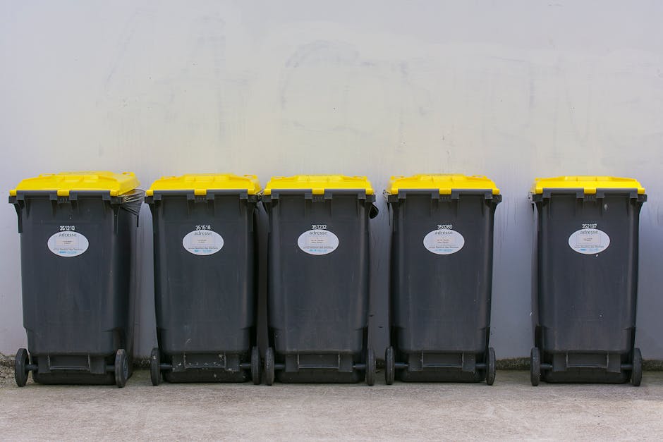 Five large wheeled rubbish bins made of black plastic are lined up in a row against a plain light gray wall. Each bin features a textured surface with a smooth, slightly reflective finish, and has a yellow lid fitted with a hinge mechanism. White oval labels with alphanumeric codes are affixed to the front of each bin, indicating identification or categorization. Positioned on a smooth, light-colored concrete or paved surface, the bins are evenly spaced, with their wheels resting flat on the ground. The environment appears to be an outdoor or semi-outdoor setting, possibly a service area or waste collection point, with natural or diffused lighting casting soft shadows beneath the bins. The scene suggests an organized approach to waste storage, possibly related to private or alternative waste handling services such as those provided by Waste Collection Islington, to facilitate rubbish collection or disposal efforts.
